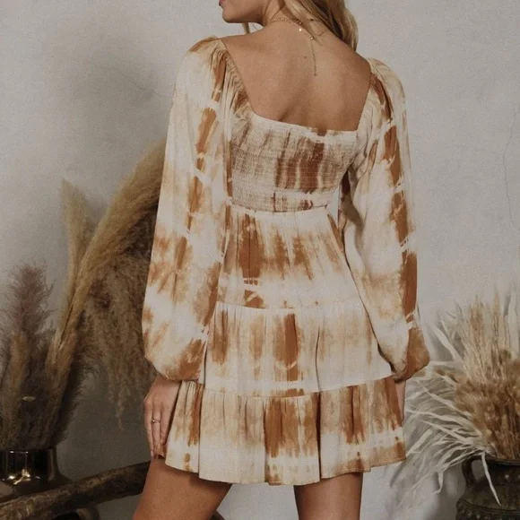 NWT Long Sleeve Boho Tie Dye Dress With Cutout & Tassels - Picture 4 of 7